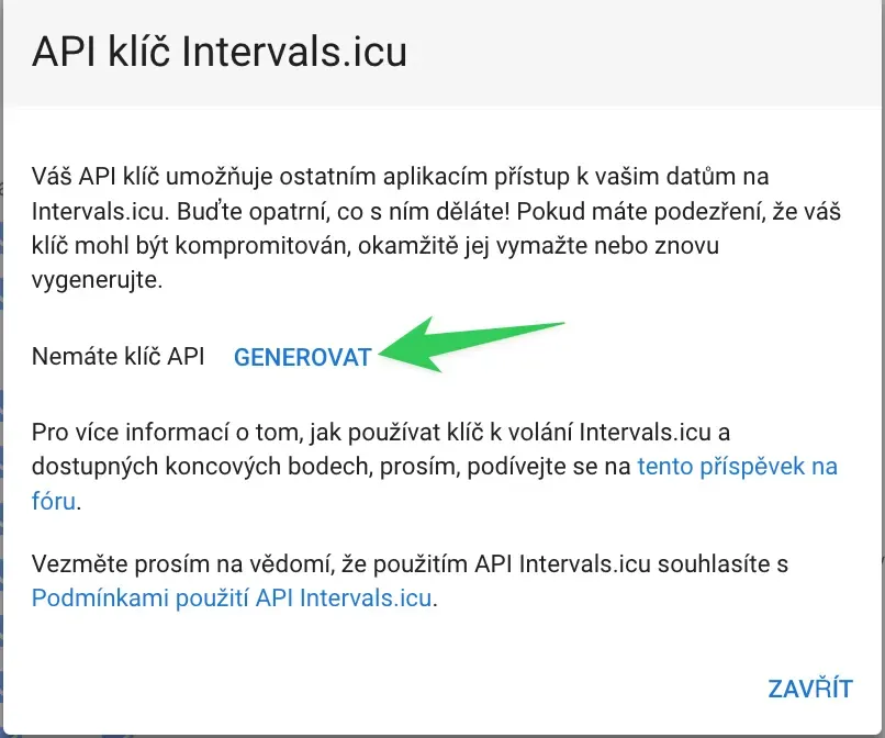 Okno API klíč Intervals.icu — tlačítko Generovat