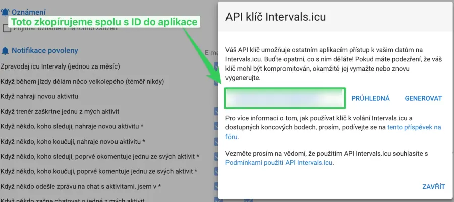 Okno API klíč Intervals.icu — vygenerovaný klíč ke zkopírování