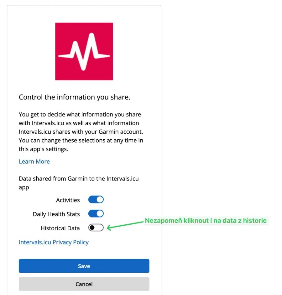 Garmin — sdílení dat Activities, Daily Health Stats a Historical Data