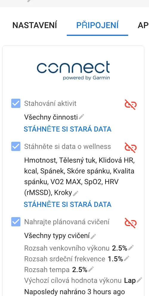 Karta Garmin v intervals.icu se zaškrtnutým Nahrajte plánovaná cvičení