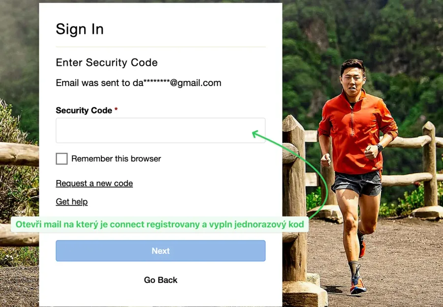 Garmin Connect — zadání bezpečnostního kódu z e-mailu