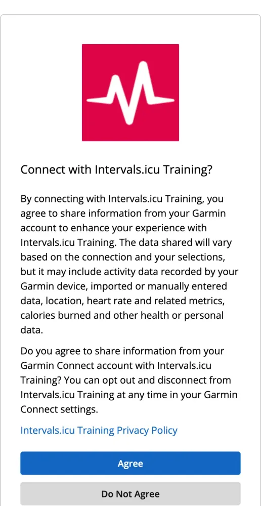 Garmin — Connect with Intervals.icu Training, tlačítko Agree