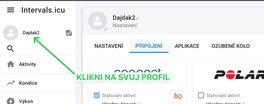 Levé menu intervals.icu — kliknutí na vlastní jméno a profil