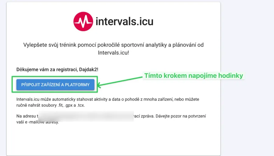 Obrazovka po registraci s tlačítkem Připojit zařízení a platformy