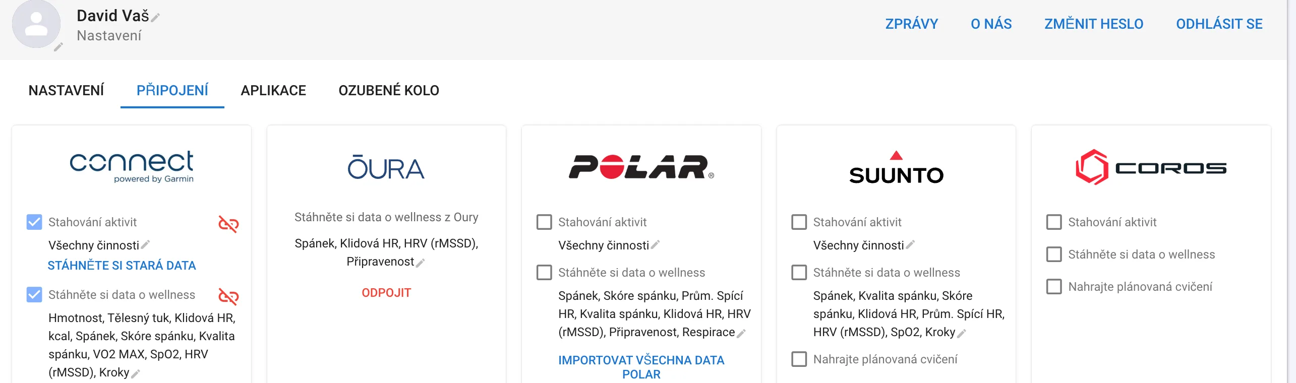 Záložka Připojení v intervals.icu s kartami hodinek (Garmin, Oura, Polar, Suunto, Coros)