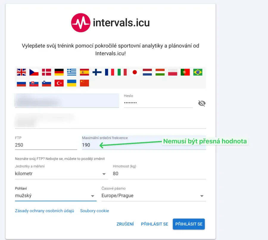 Registrační formulář intervals.icu — e-mail, heslo, jméno, maximální tep, jednotky, váha, pohlaví
