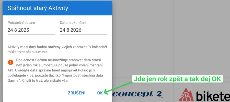 Okno Stáhnout staré aktivity — rok zpátky, tlačítko OK