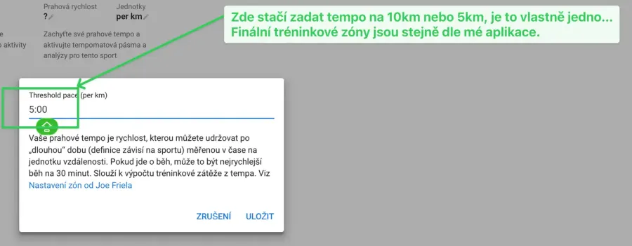 Okno Threshold pace — zadání tempa 5:00 na km