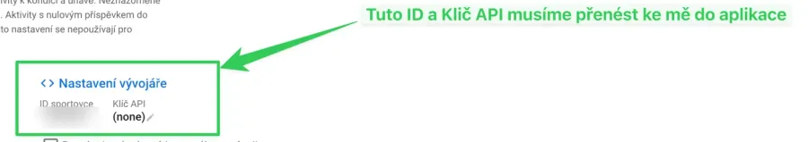 Sekce Nastavení vývojáře v intervals.icu — ID sportovce a Klíč API