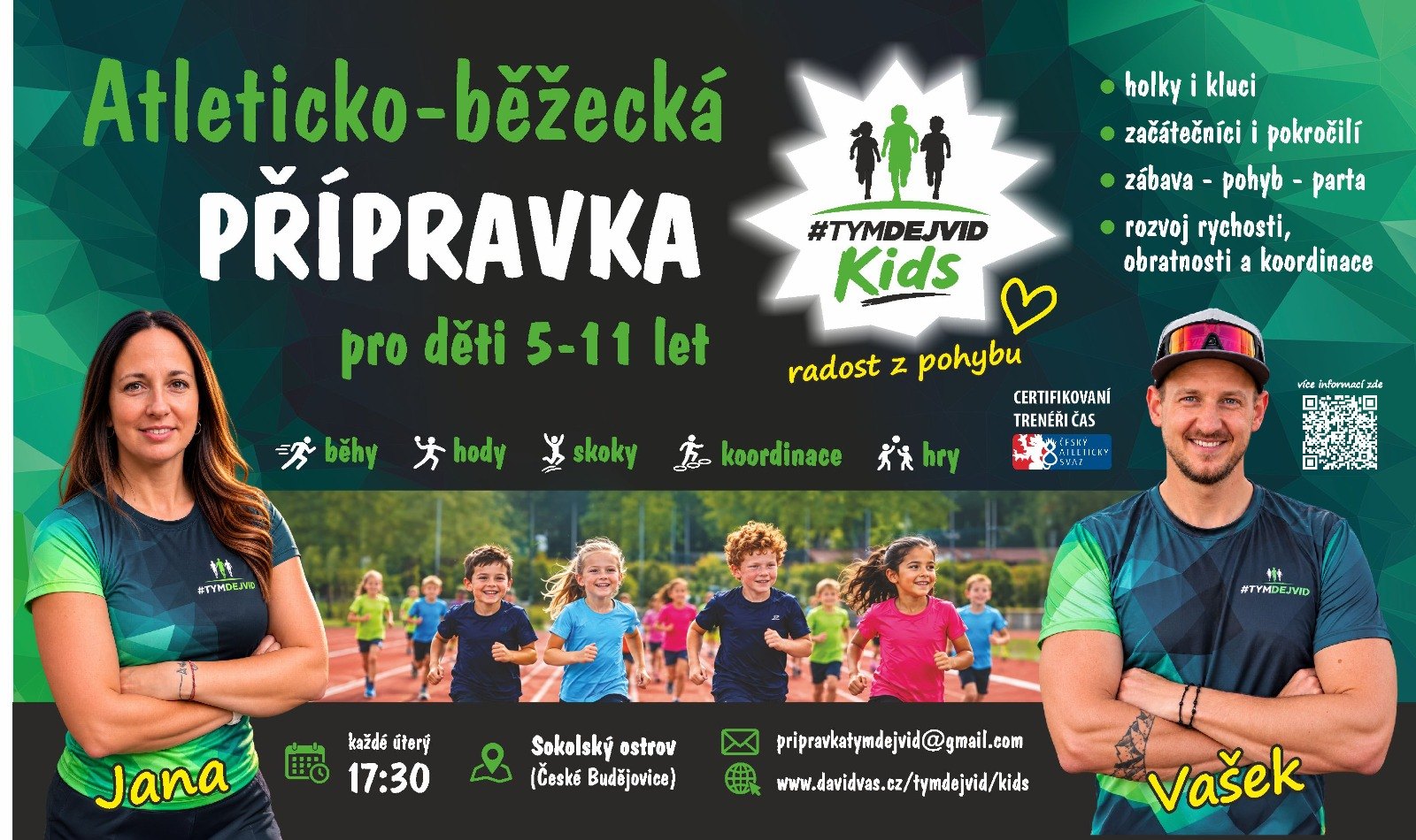 Atleticko-běžecká přípravka #tymdejvidkids pro děti 5–11 let — běhy, hody, skoky, koordinace a hry. Každé úterý 17:30, Sokolský ostrov, České Budějovice. Trenéři Jana a Vašek.