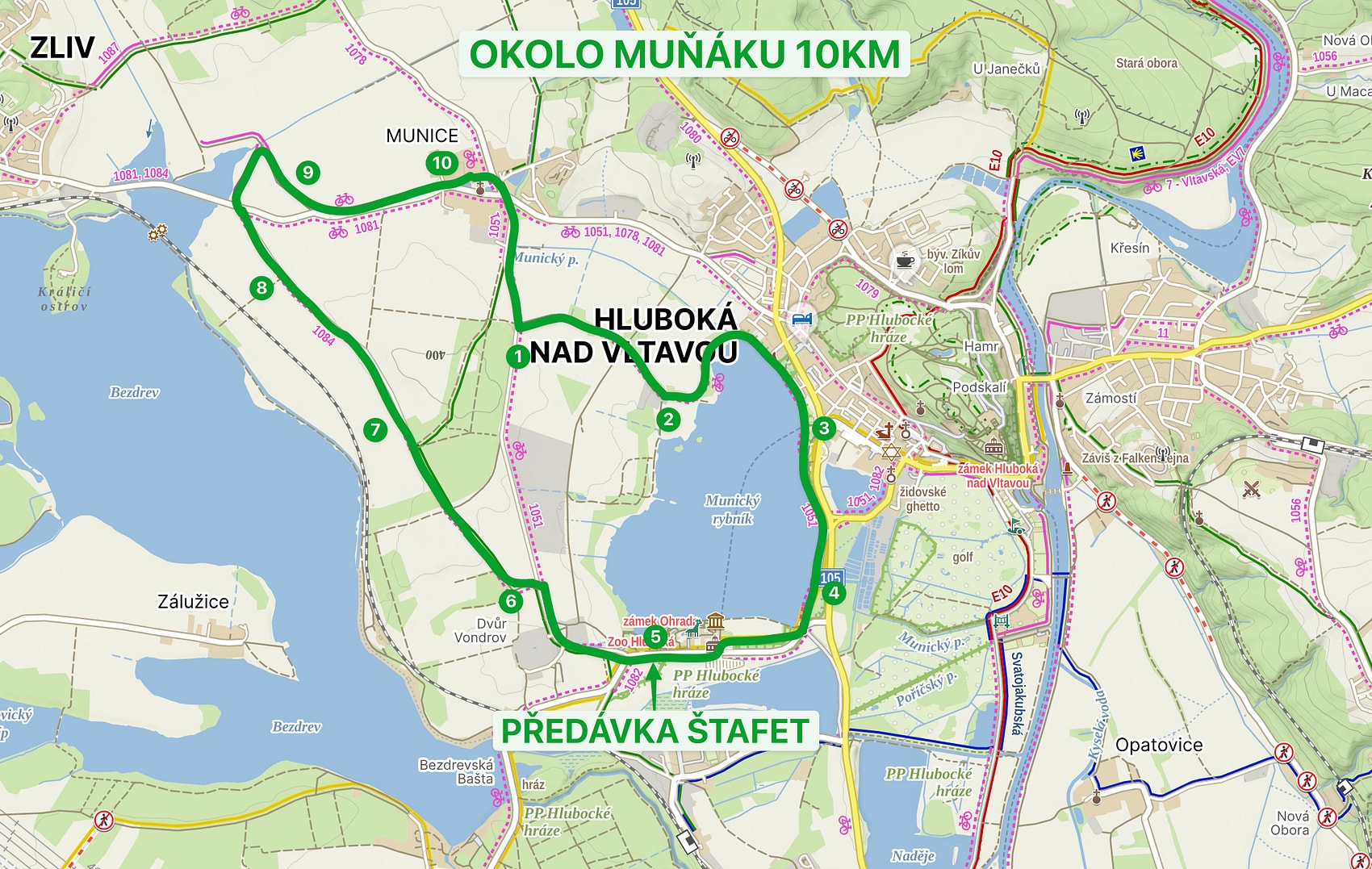 Mapa 10km trasy závodu Okolo Muňáku — z návsi v Municích kolem Munického rybníka, kolem Hluboké, Dvora Vondrov a Bažantnice ke Zlivi a zpět