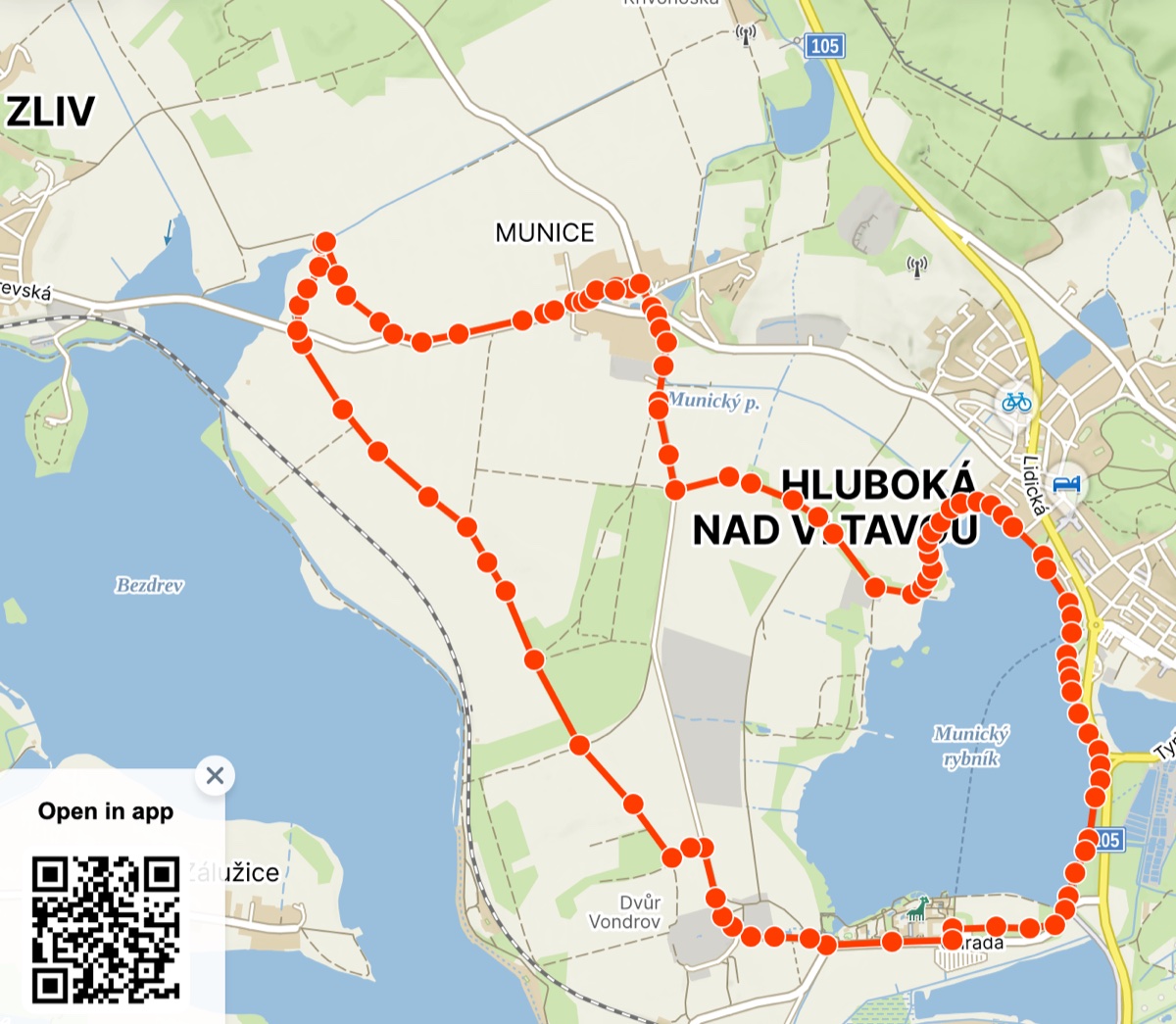 Mapa trasy závodu Okolo Muňáku — 10 km kolem Munického rybníka přes Hlubokou nad Vltavou a Dvůr Vondrov ke Zlivi a zpět do Munic